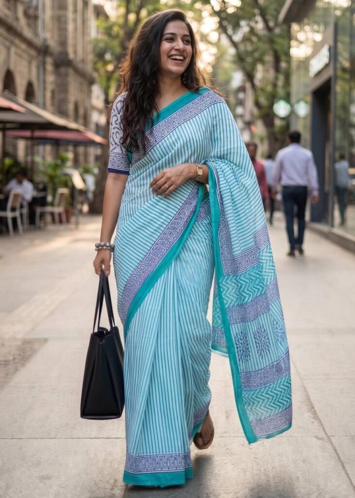 Teal Pinstripe Cotton Saree