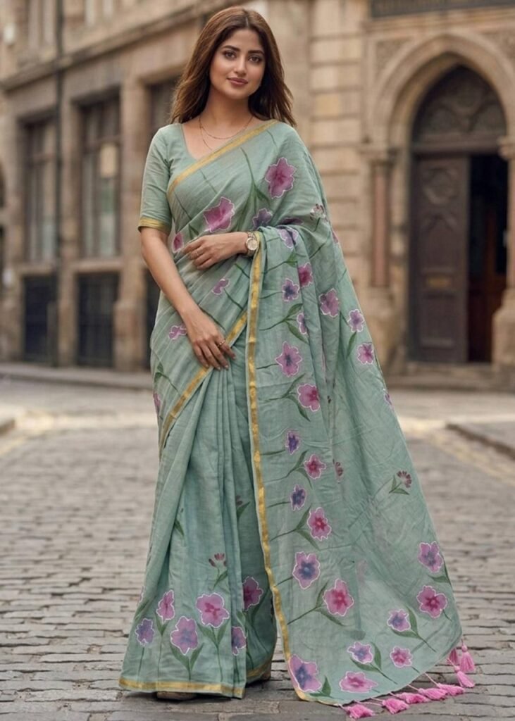 Sage Green Hand-Painted Floral Saree