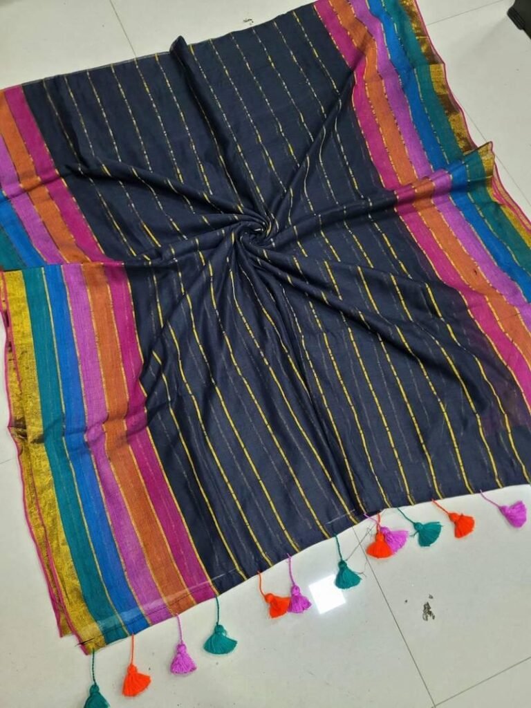 Black Multicolour-Stripe Border Saree