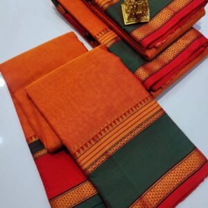Orange Temple-Border Cotton Saree