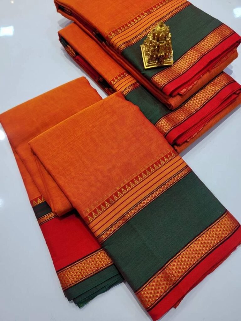 Orange Temple-Border Cotton Saree